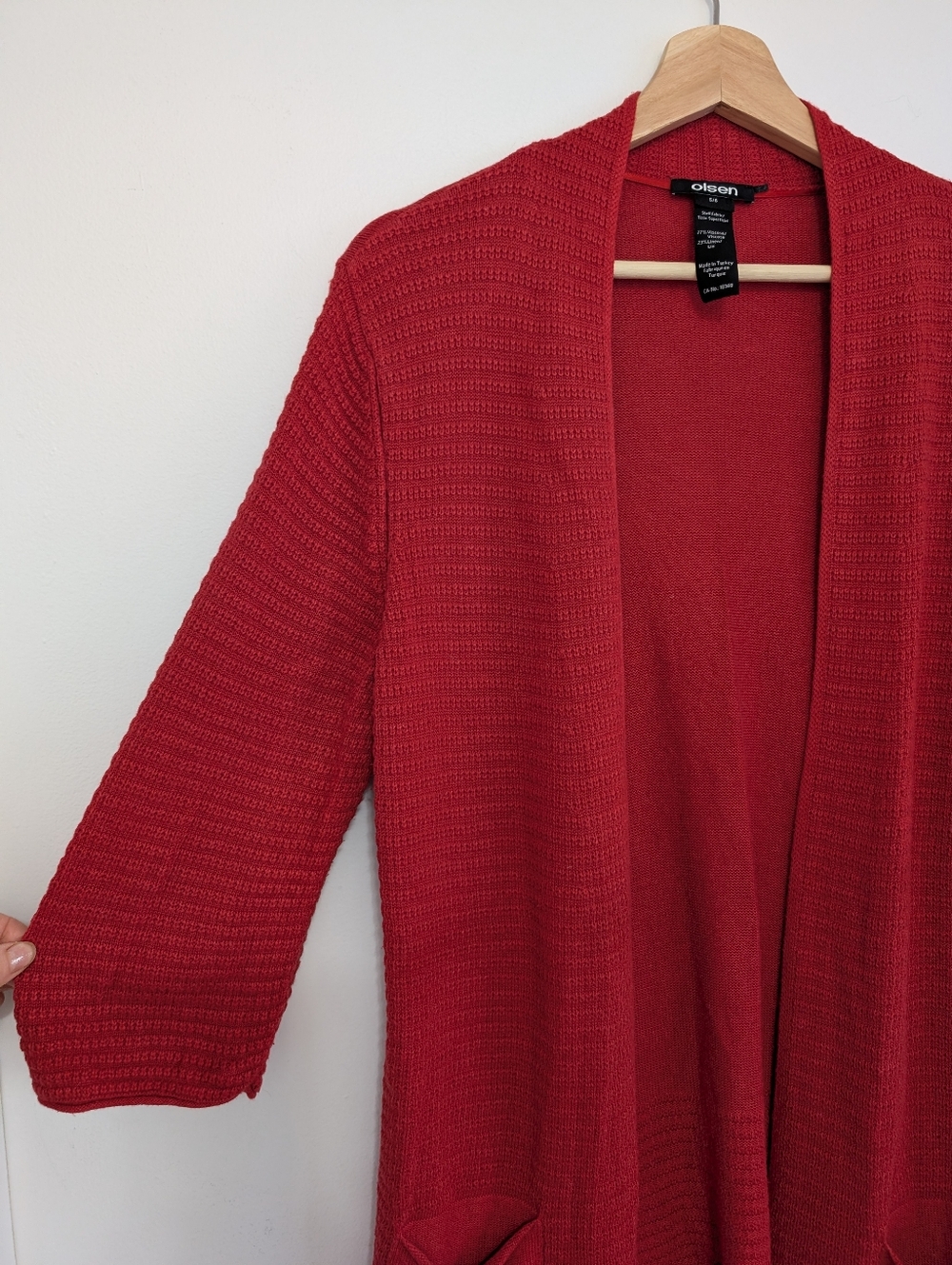 Olsen Small Red Cardigan Linen Waffle Knit Open Front Sweater 3/4 Wide Sleeve